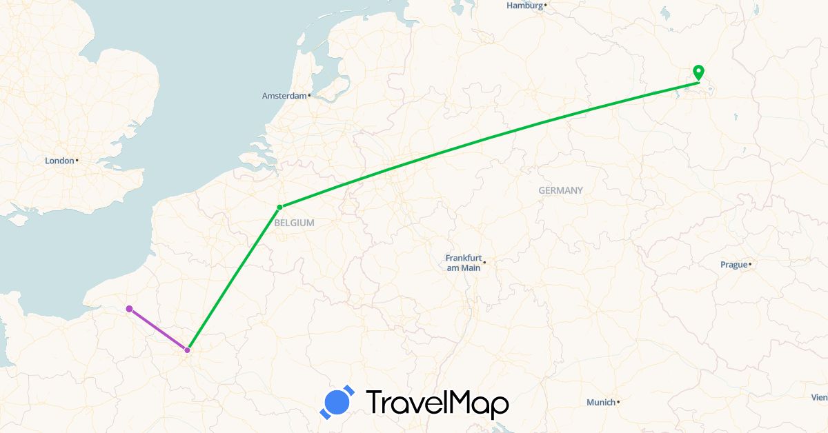 TravelMap itinerary: bus, train in Belgium, Germany, France (Europe)